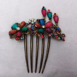 Multi Color Rhinestones Flower Hair Comb